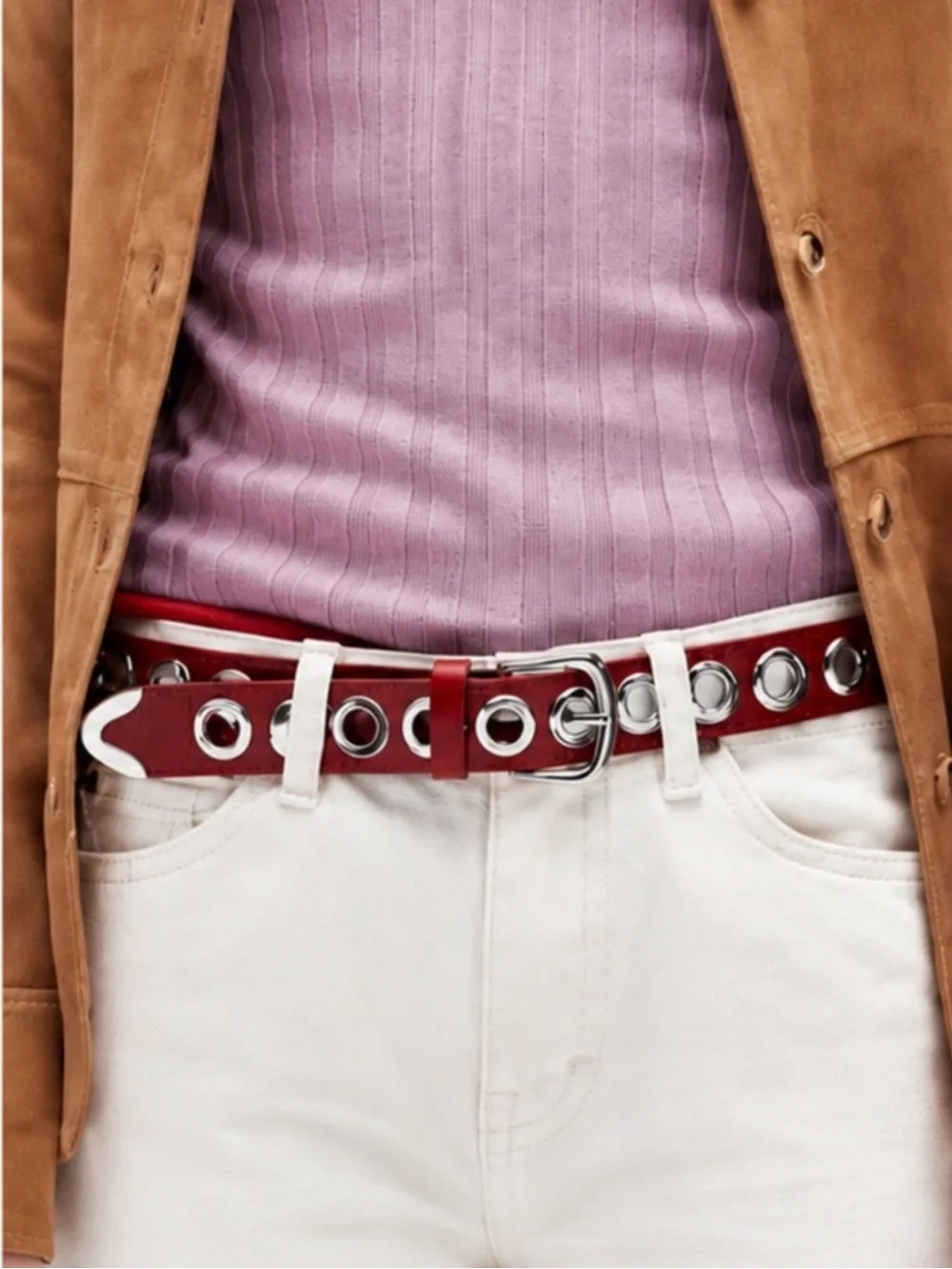 JCrew Grommet Belt in Italian Red Leather Silver Buckle New Size Large
